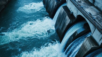  Hydroelectric dam with rushing water and electric turbines turning with the force of the flowing river water , generating clean energy for ecology and zero carbon targets