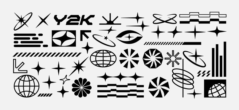 Retro-futuristic Y2K vector shape set with abstract icons, globes, stars, grids, and tech-inspired elements. Perfect for digital design, posters, and streetwear graphics.