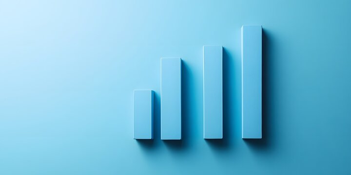 Three-dimensional, light-blue bar graph design.