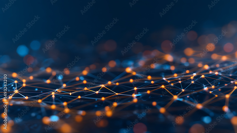 Poster abstract digital network showing lines and nodes connected, glowing in blue and orange, on a dark ba