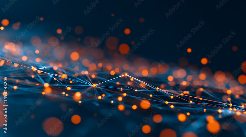 Poster abstract digital network showing lines and nodes connected, glowing in blue and orange, on a dark ba