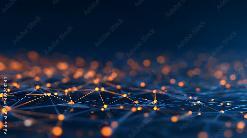 Poster abstract digital network showing lines and nodes connected, glowing in blue and orange, on a dark ba