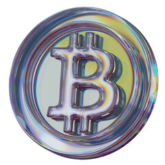 Dispersive Glass Bitcoin Coin - 3D Render on Transparent Background