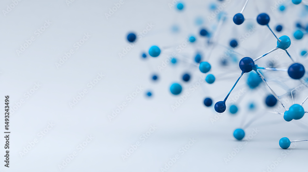 Poster abstract network connections with blue nodes on white background symbolizing data flow and digital c