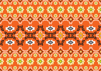 Seamless traditional ethnic pattern with floral and geometric motifs on orange background. Perfect for textile, wallpaper, and wrapping design. Vibrant and symmetrical folk-inspired art.