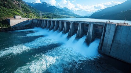  Hydroelectric dam with rushing water and electric turbines turning with the force of the flowing river water , generating clean energy for ecology and zero carbon targets