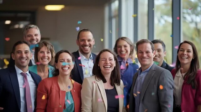 A diverse group of happy employees celebrating a business achievement, diverse ethnicities and genders, professional office attire, smiling and celebrating, confetti falling around, modern office envi