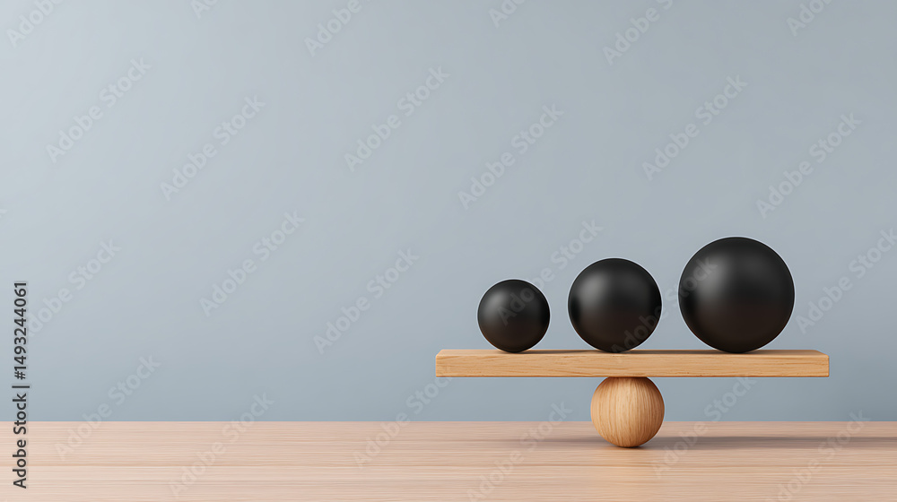 Poster abstract dark geometric composition of spheres balancing on planks with soft light on a minimal back