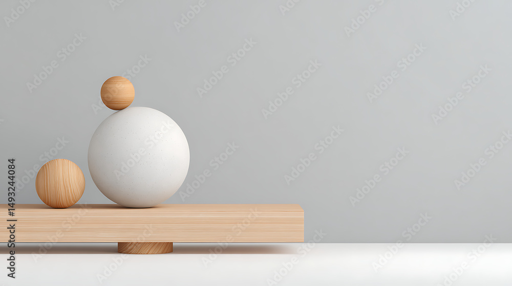 Poster abstract dark geometric composition of spheres balancing on planks with soft light on a minimal back