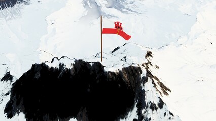 Image Description (200 characters):
3D rendering of the Gibraltar national flag, featuring a red castle and golden key on a white and red field, proudly waving atop a snow-covered mountain peak, symbo
