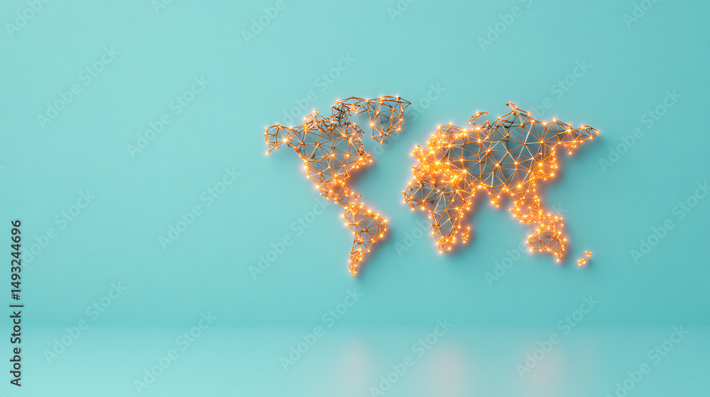 Poster glowing connected world map formed by geometric lines and dots on teal light background symbolizing 