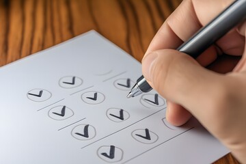 closeup of employee filling self-evaluation form during HR review