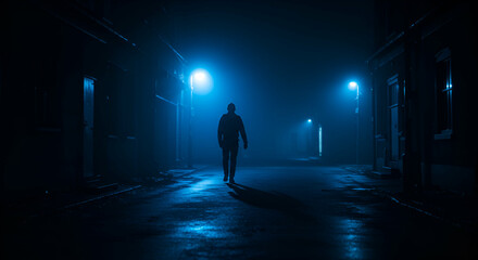 Mysterious figure strolls through hazy luminescent night street