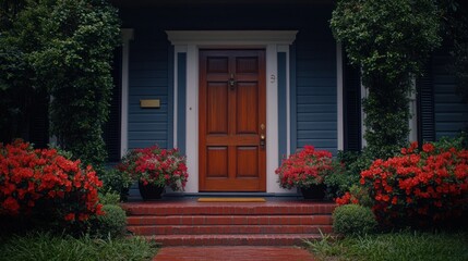 Fototapeta premium Front porch of a classic home, lush landscaping