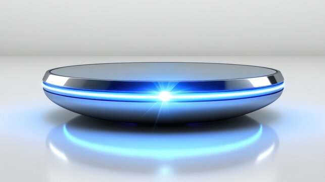 Futuristic metallic disc with vibrant blue light - Powered by Adobe