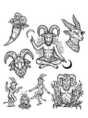 Hand-drawn goat and horned creatures with ritualistic and mystical elements in black ink.