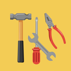 A vector graphic depicts a hammer, a wrench on top of a screwdriver, and pliers arranged together on a gold background, creating a focused composition.