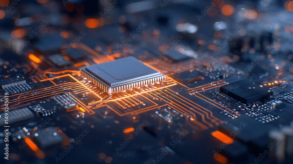 Poster futuristic ai microchip with glowing circuits on dark background, symbolizing technology and innovat