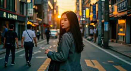 Fototapeta premium 日没時に街の通りを歩いている若い女性