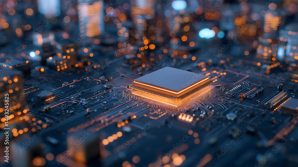 Poster futuristic ai microchip with glowing circuits on dark background, symbolizing technology and innovat