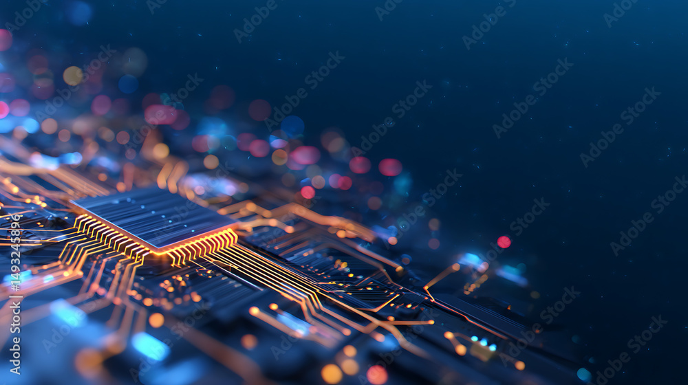 Aufkleber futuristic neon blue circuit board background with glowing lines and digital elements on dark backdr