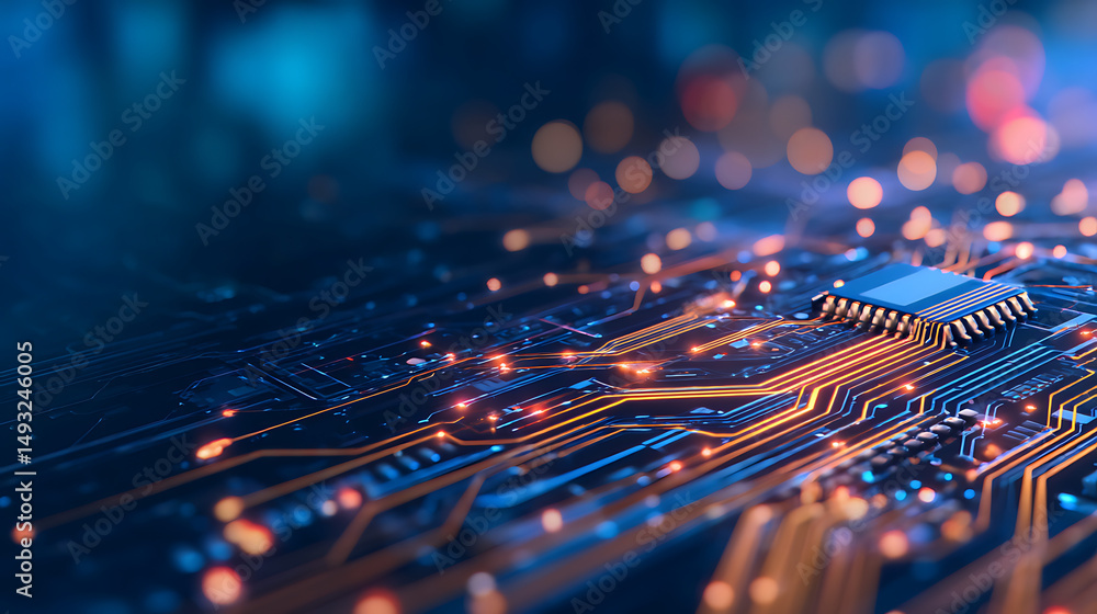 Poster futuristic neon blue circuit board background with glowing lines and digital elements on dark backdr