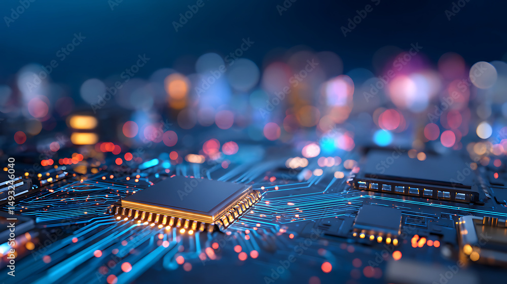 Poster futuristic neon blue circuit board background with glowing lines and digital elements on dark backdr