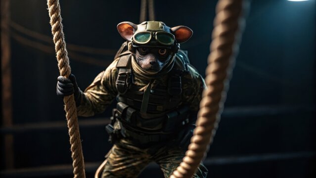 A stylized rodent in military gear climbs ropes, showcasing a unique blend of adventure and imagination in a dramatic environment.