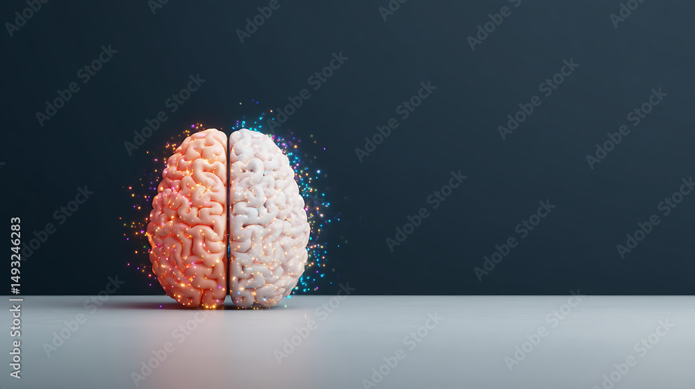 Poster abstract split brain concept showing colorful creative left side and digital tech-themed right side 