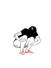 Abstract ink drawing of a crouching figure with red-striped feet, expressing emotional heaviness.