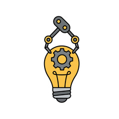 Futuristic Robotic Arm Assembly Placing a Crucial Cog Component Into a Bright Idea Bulb