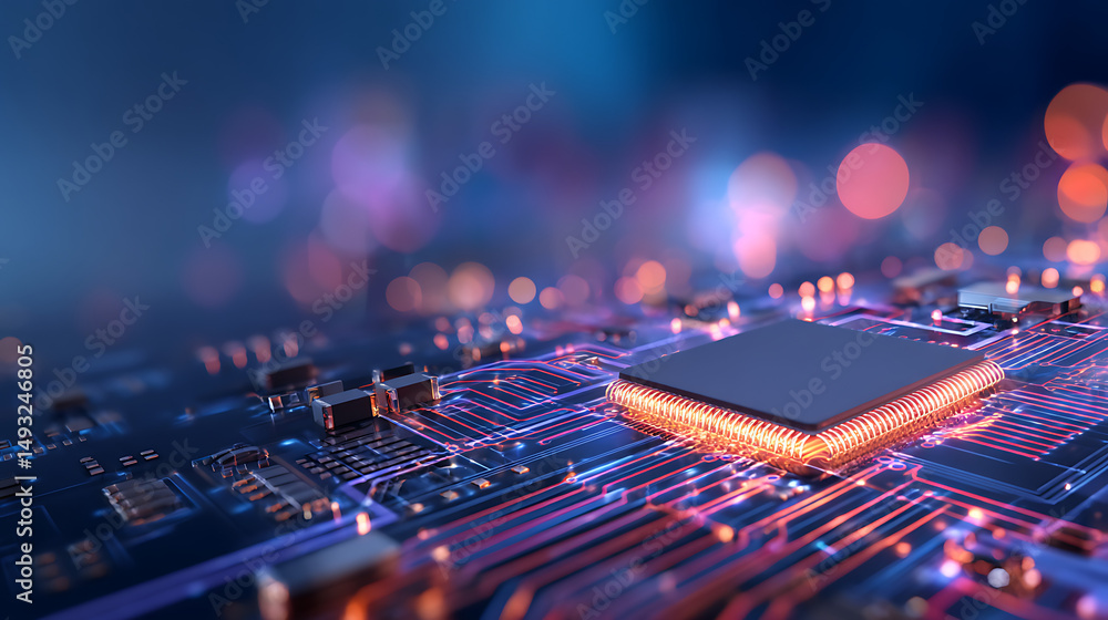 Aufkleber blue neon circuit board background with glowing processor chip and digital lines on dark gradient fo