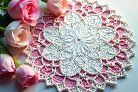 Intricate floral lace doily, delicate texture, lace, craft