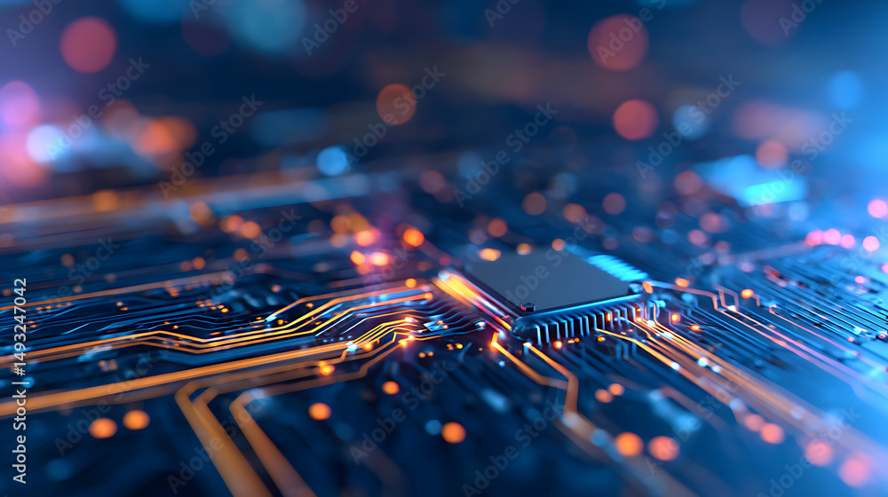 Aufkleber futuristic neon blue circuit board background with glowing lines and digital elements on dark backdr