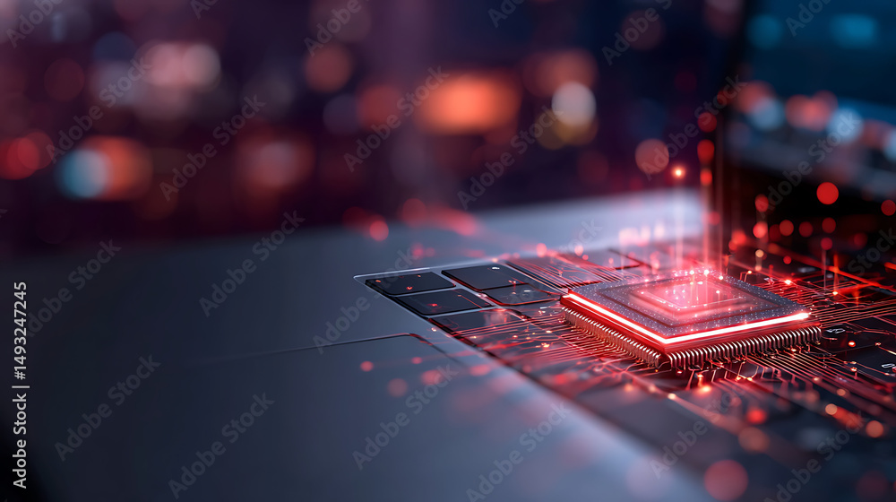 Poster futuristic ai chip concept design with glowing circuit patterns over laptop background, representing