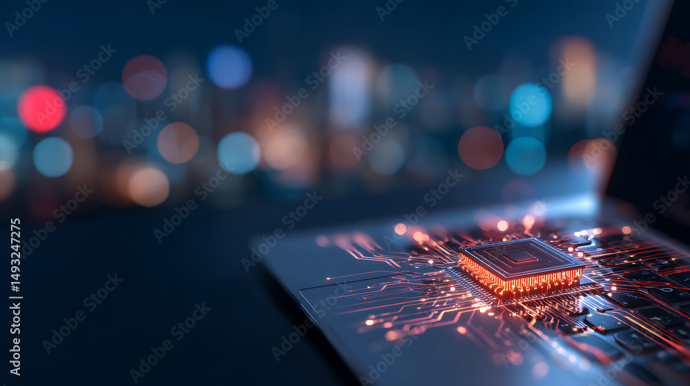 Poster futuristic ai chip concept design with glowing circuit patterns over laptop background, representing