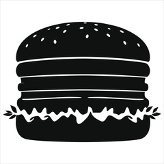 Simple black and white vector silhouette of a classic hamburger./A clean, black and white silhouette of a hamburger.