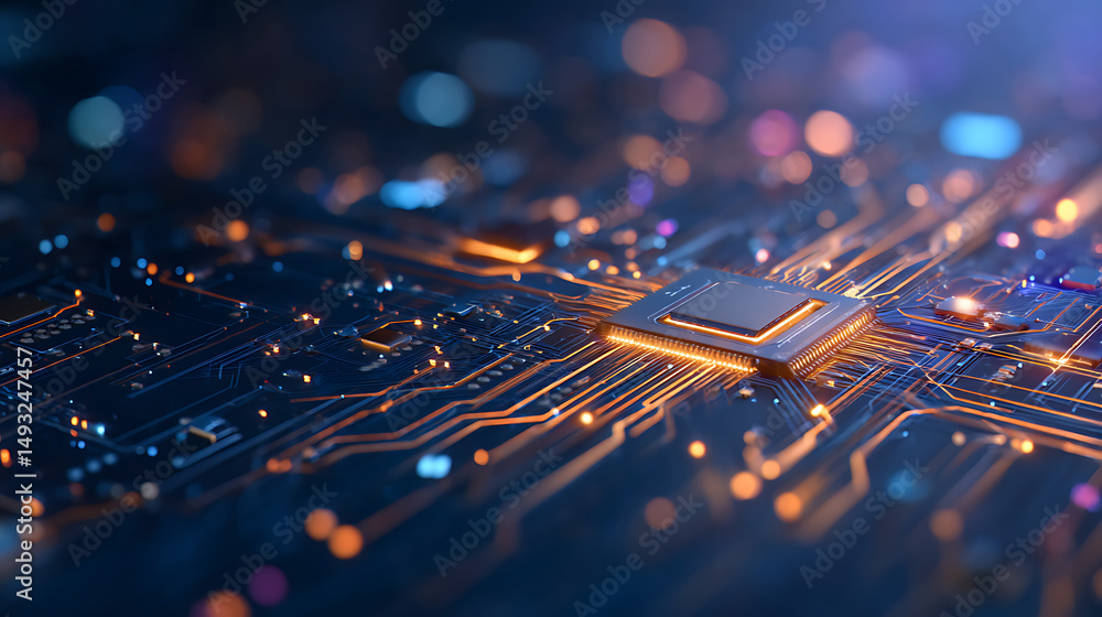 Poster futuristic neon blue circuit board design on dark background, modern technology, electronic network 