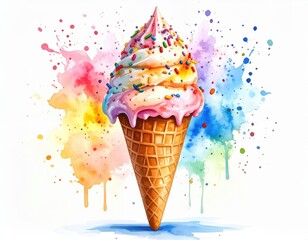 A vibrant ice cream cone topped with sprinkles pops against a colorful backdrop.