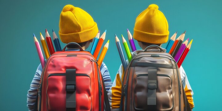 Back to school buddies Childhood friends backpack pencils yellow hats education learning art