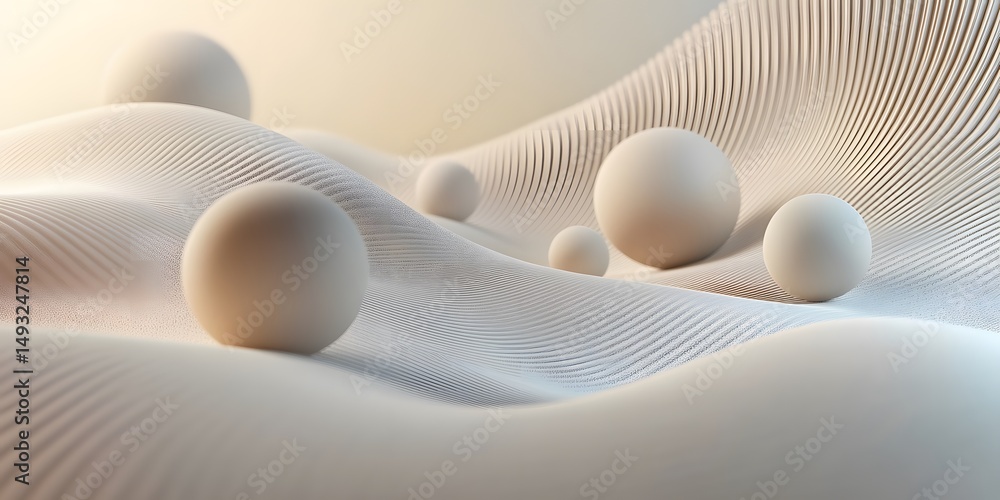 Poster abstract composition of smooth spheres on undulating surface.