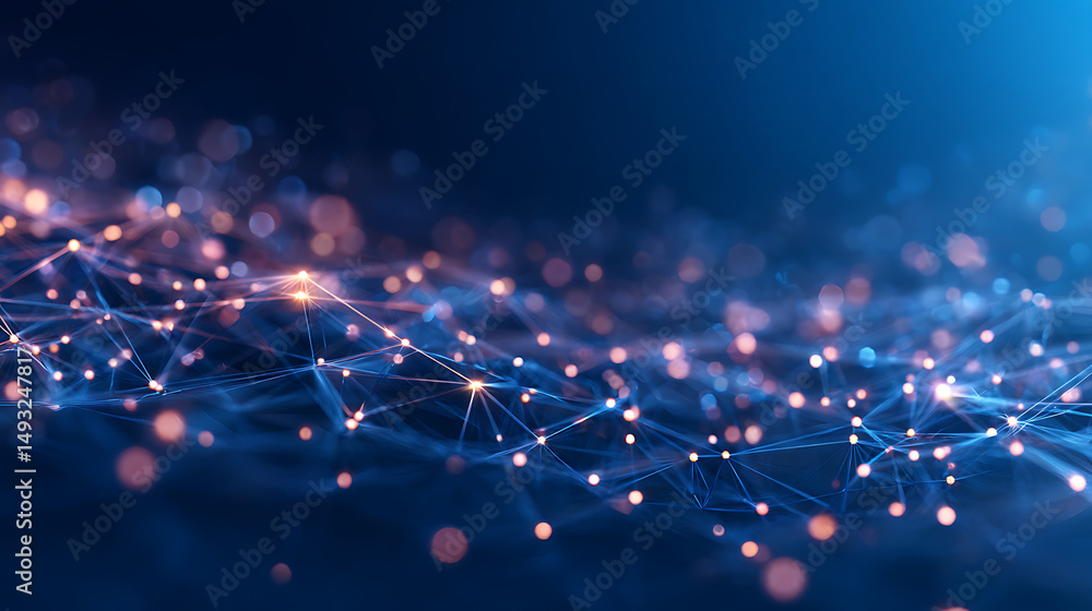 Poster abstract blue digital network background with glowing points and lines connecting nodes, symbolizing