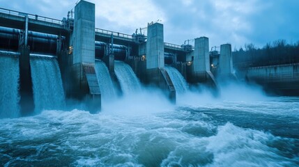  Hydroelectric dam with rushing water and electric turbines turning with the force of the flowing river water , generating clean energy for ecology and zero carbon targets