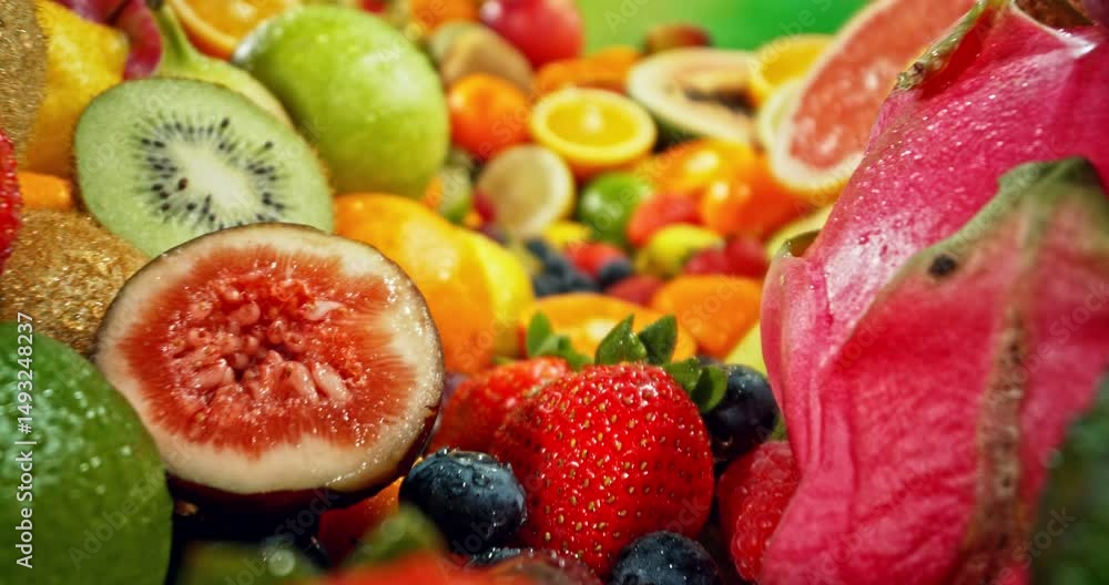 Poster Various Kind of Fresh Exotic Fruits. Camera Placed on Motion Control System. Filmed on High Speed Cinema Camera. Camera in Motion. Isolated on Green Background.
