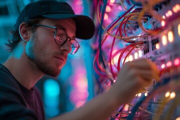 Young man enjoying nightlife at connects fiber optics to transmission panel.