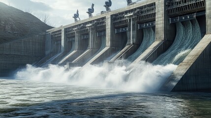  Hydroelectric dam with rushing water and electric turbines turning with the force of the flowing river water , generating clean energy for ecology and zero carbon targets