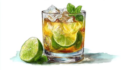 Fototapeta premium Refreshing cocktail watercolor artwork featuring ice, lime, and mint in a transparent glass, capturing a light and vibrant mood.