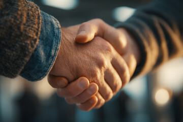 Small business owner shakes hands with financier in sleek office, mix of casual and formal attire, warm lighting, medium shot from side, professional collaboration style.