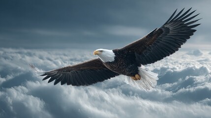 Obraz premium Bald eagle soars with grace against a sky of clouds. Powerful wings cut through the air in a display of freedom and natural beauty. Majestic creature!