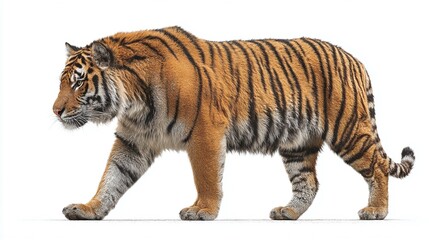 Obraz premium Majestic tiger strides powerfully against a stark white backdrop, its vibrant orange coat and distinctive black stripes creating a striking contrast.